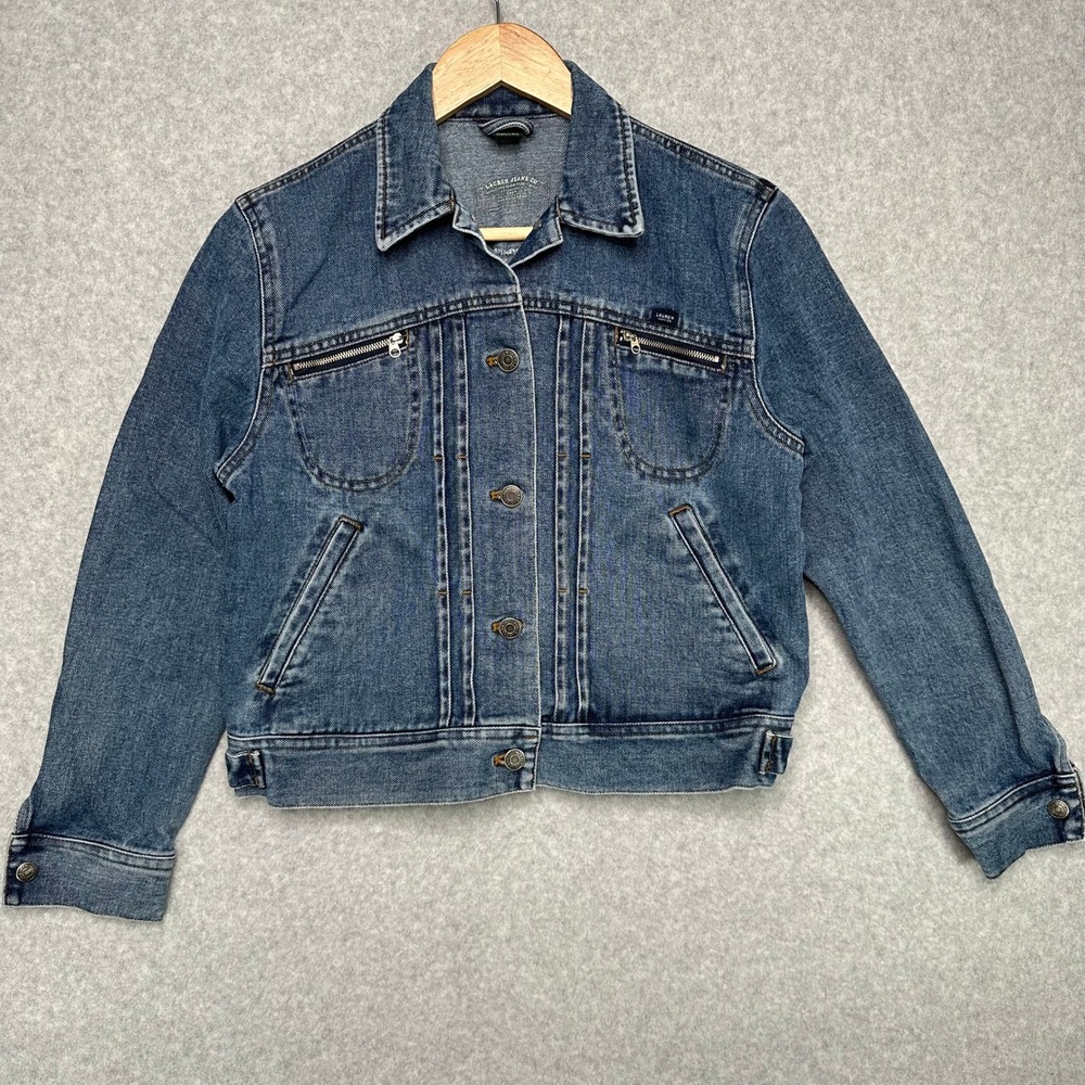 VTG Lauren Jeans Co RL Denim Jacket Medium Wash Button Front Zip Pockets Small P